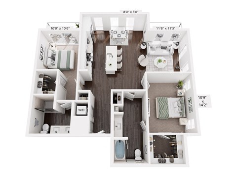 Floor plan for 2 beds, 2 baths, 1253 sqft